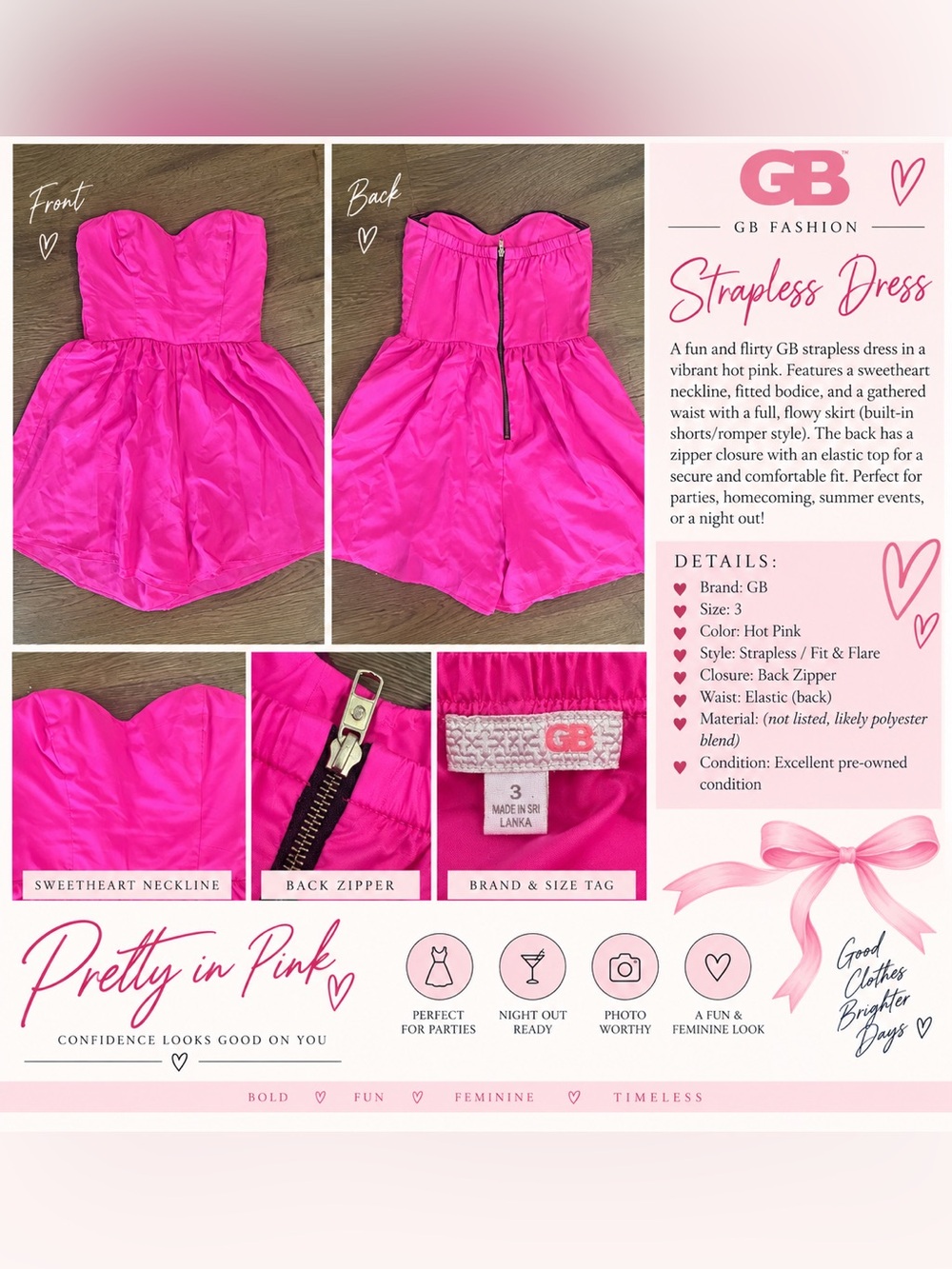 GB Girls Strapless Romper Dress in Hot Pink